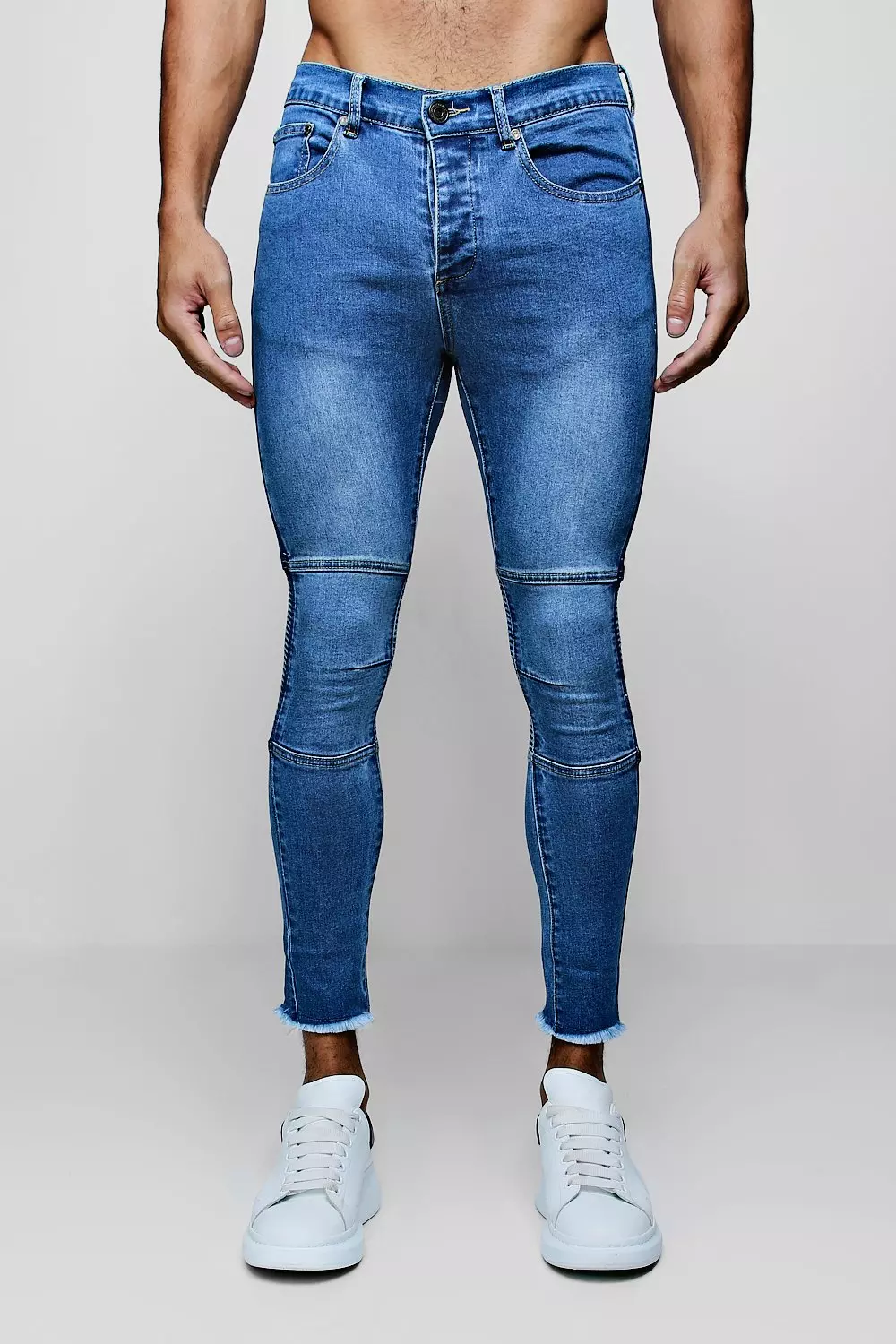 Super Skinny Biker Jeans with Raw Hem boohooMAN UK